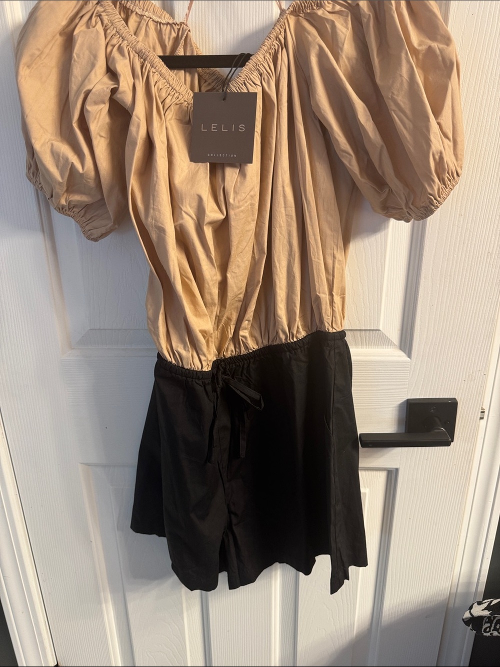 Le Lis Two-Tone Puff Sleeve Romper in Beige and Black
